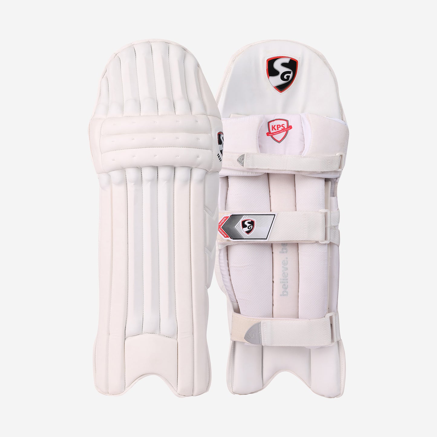 SG Test cricket batting pads with a brand logo on a white background